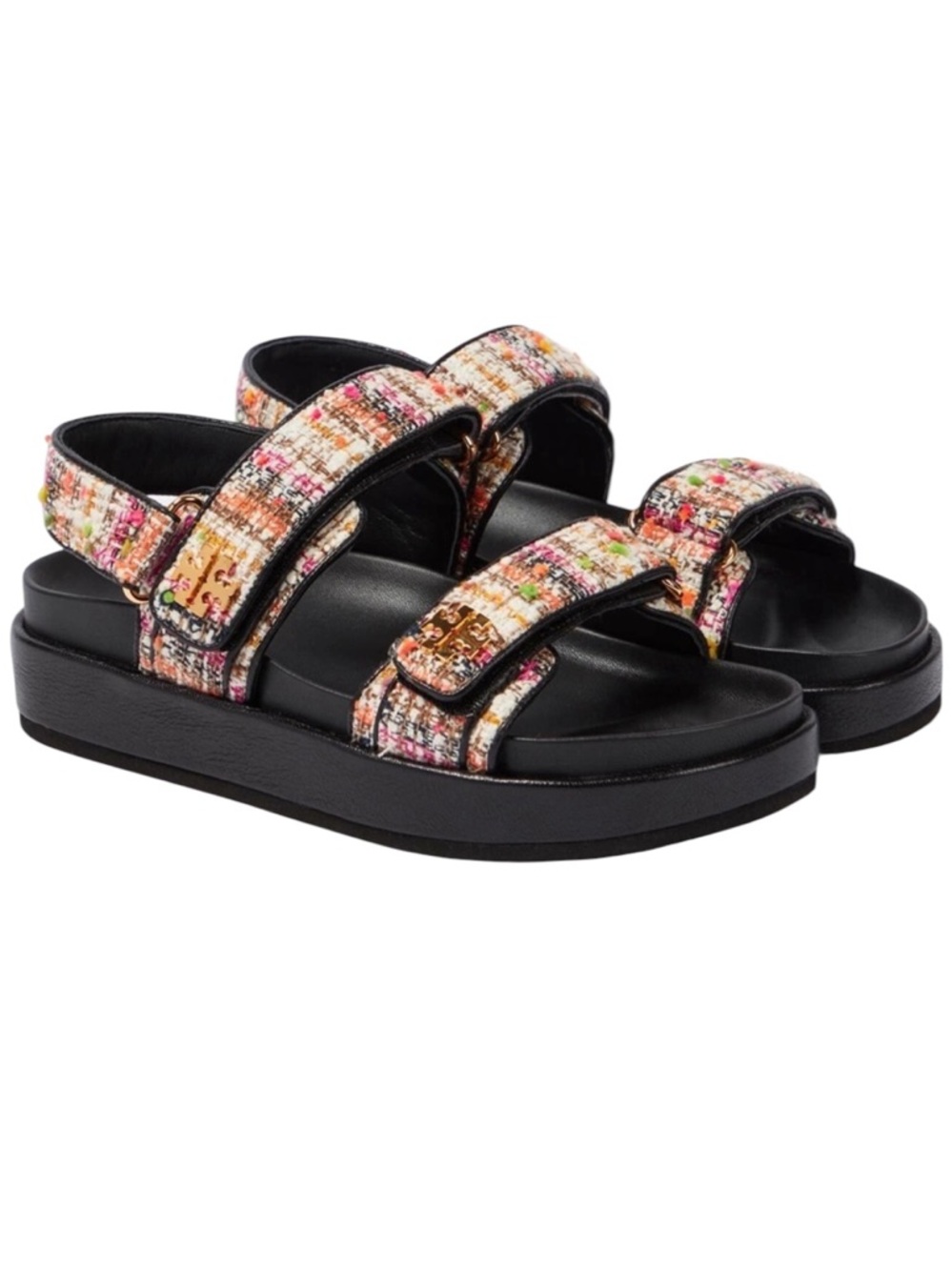 Tory Burch Multicolor Tweed and Leather logo Kira Sport Sandals 9.5 Black multi